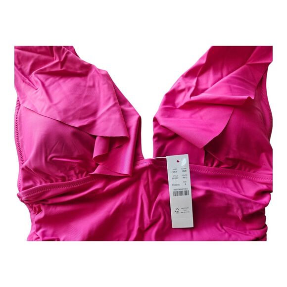 J. Crew Women's 8 Swimsuit 1 Piece V-Neck Ruffled Ruched Radiant Fuchsia NEW NWT - Picture 2 of 8
